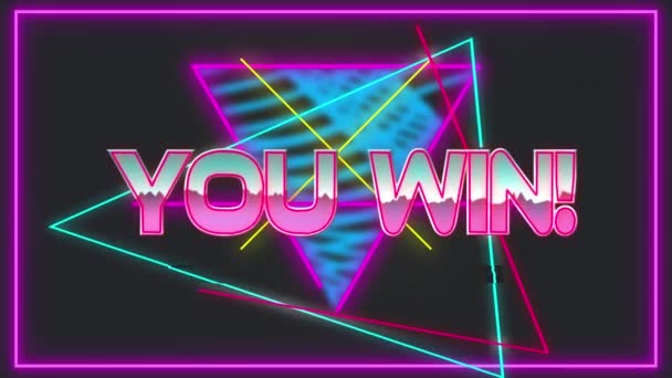 动画你赢得文字在粉红色的霓虹灯框架比发光的三角形 老式电子游戏 娱乐和通信概念数码生成的视频 — 图库视频影像