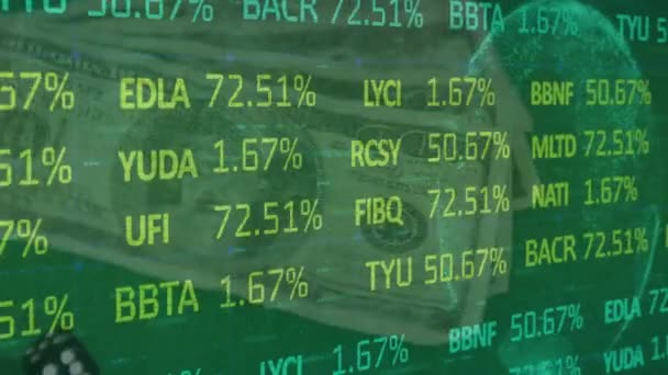 Animación Del Procesamiento Datos Financieros Sobre Dados Billetes Dólar Americanos — Vídeos de Stock