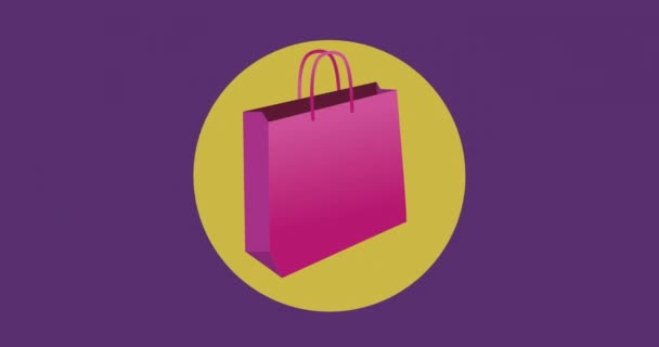 Animação Sacos Compras Rosa Sobre Círculo Amarelo Fundo Roxo Moda — Vídeo de Stock