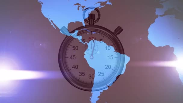用发光的灯光和秒表绘制世界地图 全球商业和生产力概念数字生成视频 — 图库视频影像
