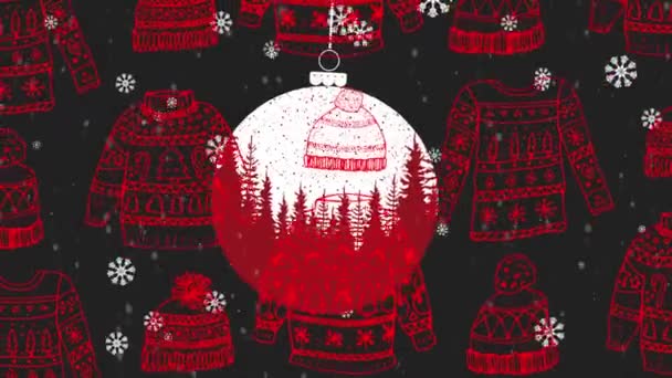 黒の背景にシームレスなパターンでクリスマスセーターに対して障害物をぶら下げて雪片 クリスマス フェスティバルとお祝いのコンセプト — ストック動画