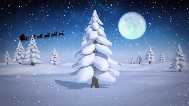 Animacja Świętego Mikołaja Saniach Reniferami Nad Zimową Scenerią Opadami Śniegu — Wideo stockowe