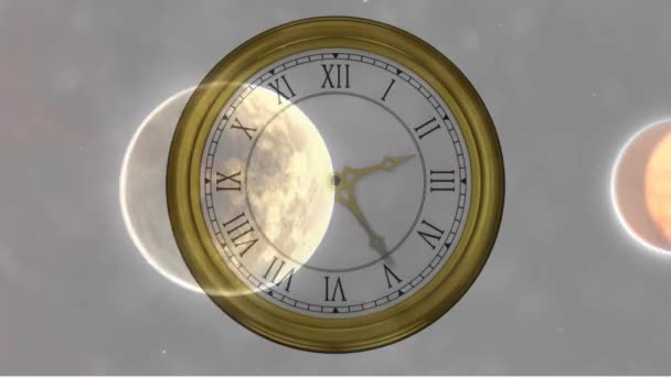 太阳系 行星和空间在时钟定时器上的动画 全球空间 环境和时间概念数字生成视频 — 图库视频影像