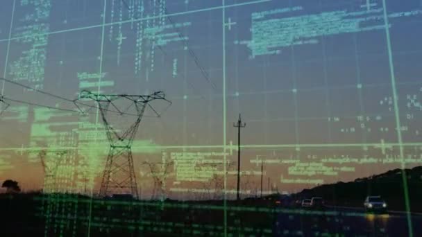 Animation Der Datenverarbeitung Über Strommasten Globales Konzept Für Elektrizität Energie — Stockvideo