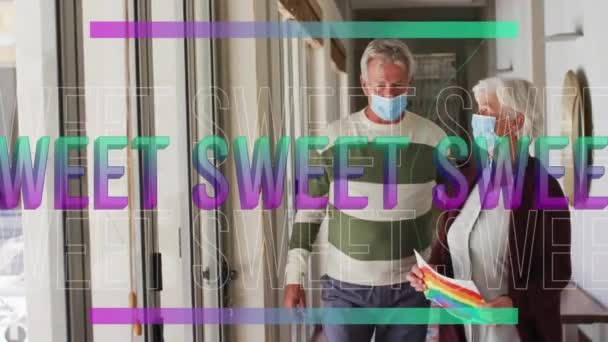Animation Sweet Text Purple Caucasian Senior Couple Face Masks Waving — Stock Video