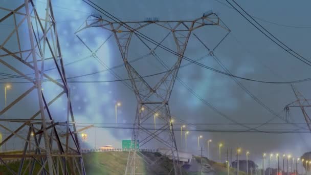 Animação Processamento Dados Sobre Postes Eletricidade Conceito Global Eletricidade Energia — Vídeo de Stock