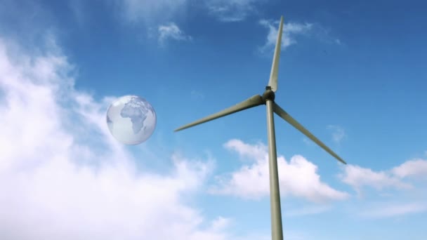 Animation Von Globus Über Windrad Der Landschaft Globale Erwärmung Klimawandel — Stockvideo