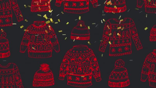 Animation Confettis Dorés Tombant Sur Des Chapeaux Pulls Tricotés Rouge — Video