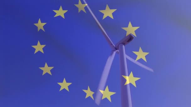 旋转风力涡轮机上的欧洲联盟旗帜的动画 欧洲货币联盟能源和经济概念数字生成视频 — 图库视频影像
