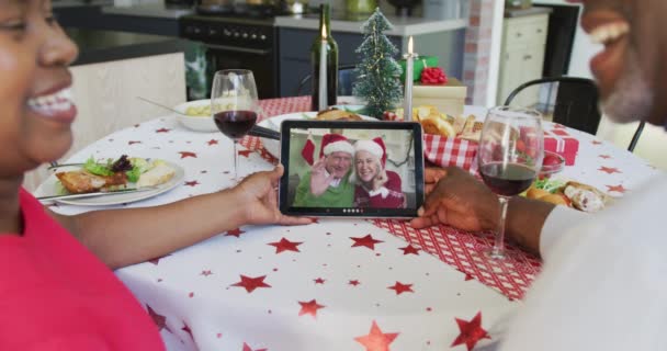 Smiling African American Couple Using Tablet Christmas Video Call Happy — Stock Video