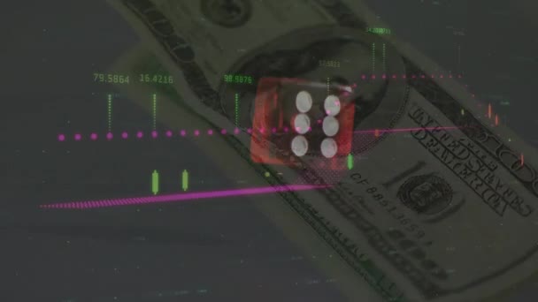 Animación Procesamiento Datos Financieros Sobre Dados Billetes Dólar Americano Segundo — Vídeos de Stock