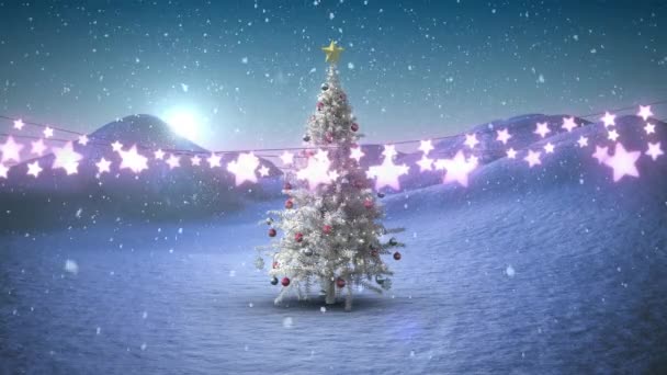 Sterrenvormige Fee Verlichting Decoratie Tegen Sneeuw Vallen Kerstboom Het Winterlandschap — Stockvideo