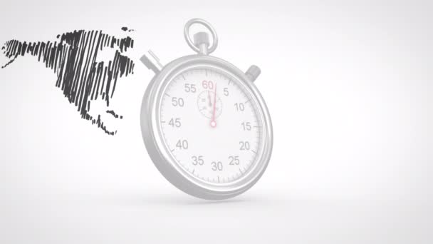 Animatie Van Stop Watch Wereldkaart Mondiaal Bedrijfs Milieuconcept Digitaal Gegenereerde — Stockvideo