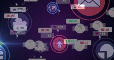 Mor arkaplan üzerinde sosyal medya simgeleri ve numaraların resmi. küresel sosyal medya, bağlantılar ve dijital arayüz konsepti dijital olarak oluşturulmuş görüntü.