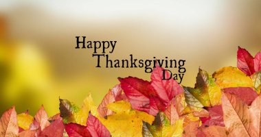 Sonbahar yapraklarının dijital kompozit görüntüsü ve fotokopi alanı olan mutlu Şükran Günü metinleri. Şükran Günü kutlaması, doğa ve sonbahar konsepti.