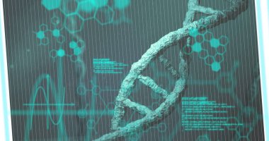 Veri işleme üzerinde DNA ipliği resmi. küresel bilim, araştırma, veri işleme ve dijital arayüz kavramı dijital olarak oluşturuldu.