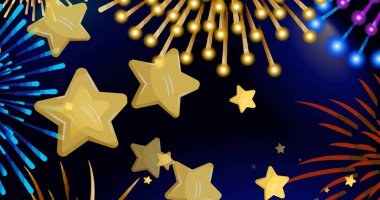Altın noel yıldızları ve koyu mavi arka planda yeni yıl havai fişekleri. Noel, yeni yıl, kutlama, parti ve mevsimlik olay konsepti dijital olarak oluşturuldu.