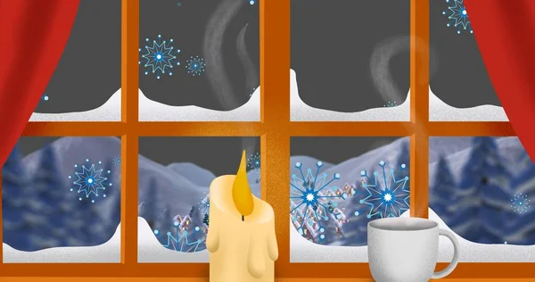 Vektorbild Der Dekorierten Kerze Und Kaffeetasse Fenster Winter Kopierraum Weihnachtsfest — Stockfoto