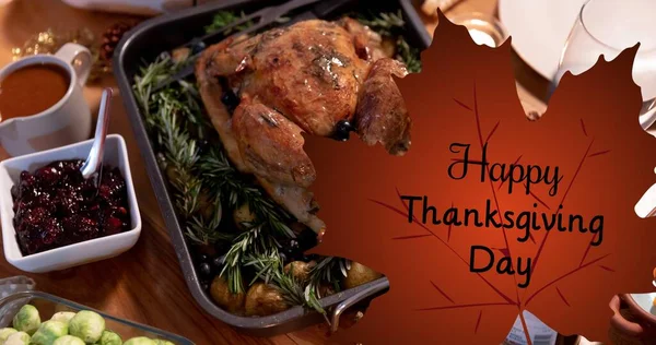 Composite Image Turkey Meat Delicious Meal Happy Thanksgiving Text Thanksgiving — Stock Photo, Image