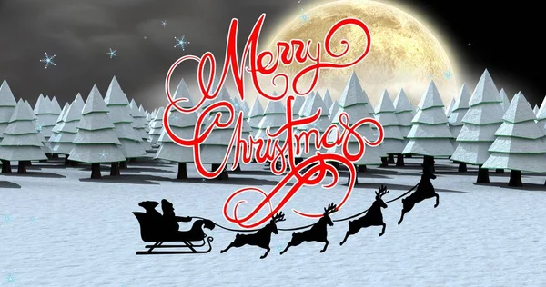 Composition Christmas Greeting Santa Sleigh Snow Covered Trees Night Christmas — Stock Photo, Image