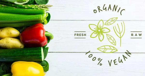 Overhead Syn Färska Grönsaker Med Ekologisk Vegan Textskylt Träbord Digital — Stockfoto
