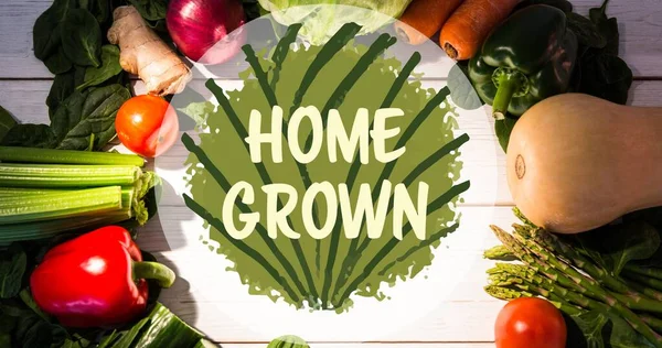 Texto Símbolo Cultivado Casa Sobre Verduras Frescas Dispuestas Mesa Compuesto — Foto de Stock