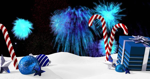 Imagem Decorações Natal Presentes Com Fogos Artifício Coloridos Explodindo Céu — Fotografia de Stock