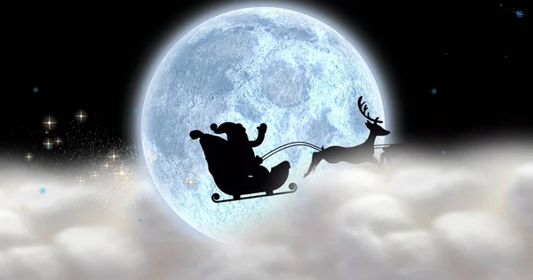 Zusammengesetztes Bild Von Silhouette Weihnachtsmann Schlitten Gegen Vollmond Der Nacht — Stockfoto