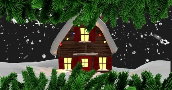 Digitally Generated Image Illuminated Snow Covered House Seen Pine Needles — Stock Photo, Image