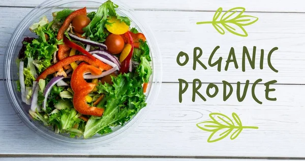 Overhead View Organic Produce Symbol Fresh Salad Bowl Wooden Table — Stock Photo, Image