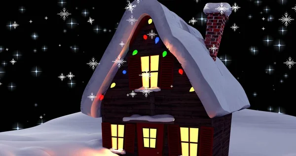 Zusammengesetzte Bild Von Schneeflocken Mit Schneebedeckten Beleuchteten Haus Gegen Den — Stockfoto