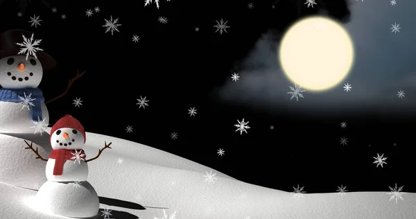 Samengesteld Beeld Van Sneeuwpoppen Volle Maan Nacht Met Kopieerruimte Kerstfeest — Stockfoto