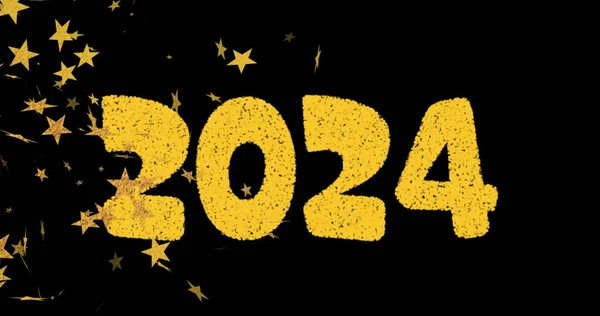 Изображение 2024 Текста Золоте Взрывающегося Плавающими Новогодними Золотыми Звездами Ночном — стоковое фото