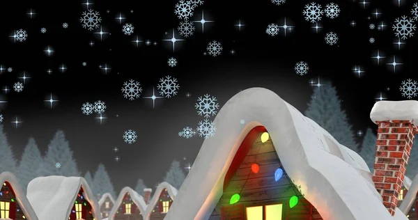 Composición Copos Nieve Casa Iluminada Cubierta Nieve Por Noche Espacio —  Fotos de Stock