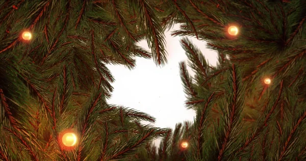 Wizerunek Świąteczne Pozdrowienia Nad Dekoracji Bożego Narodzenia Bajki Światła Gałązek — Zdjęcie stockowe
