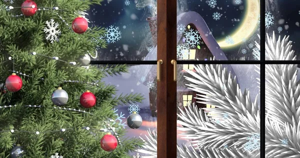 Композитне Зображення Прикрашеної Ялинки Вікні Взимку Копіювання Простору Різдвяні Свята — стокове фото