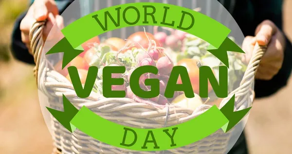 世界素食主义者日的标志是反对男人拿着装满蔬菜的篮子 健康食品的数字组合及与农业的签名 — 图库照片