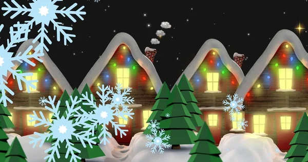 Komposition Von Schneeflocken Und Schneebedeckten Beleuchteten Häusern Der Nacht Kopierraum — Stockfoto