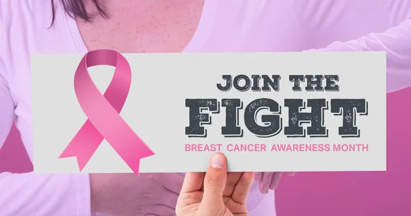 Composite Image Woman Pink Ribbon Breast Cancer Awareness Slogan Breast — Stock Photo, Image