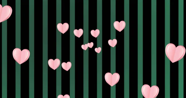 粉色心脏在黑色背景上越过绿色条纹移动的图像 情人节 爱情和浪漫的概念数码生成的图像 — 图库照片