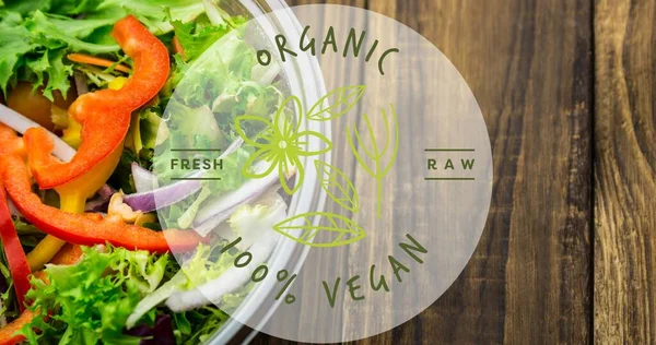 Directly View Organic 100 Percent Vegan Symbol Text Fresh Salad — Stock Photo, Image