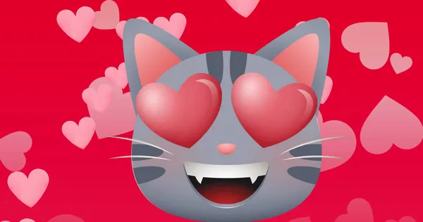 Image Cat Heart Eyes Pink Hearts Moving Red Background Valentines — Stock Photo, Image