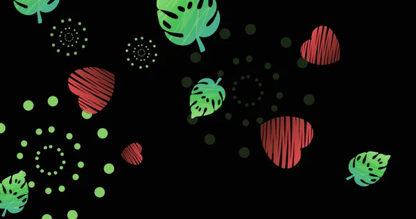 緑の葉と黒い背景に赤いハートの形をした緑の花火の爆発のイメージ お祝いパーティーやイベントのコンセプトがデジタルで生成され — ストック写真