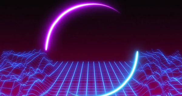 Bild Einer Neonkreisförmigen Scannerbearbeitung Über Einer Blauen Rasterlandschaft Die Sich — Stockfoto