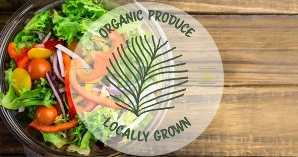 Organic Produce Locally Grown Symbol Fresh Salad Wooden Table Digital — Stock Photo, Image