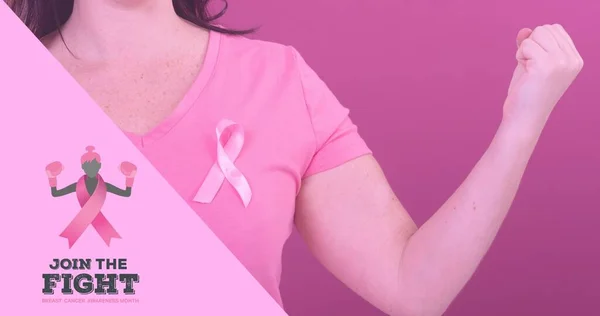 Immagine Composita Donna Con Nastro Consapevolezza Del Cancro Seno Sfondo — Foto Stock