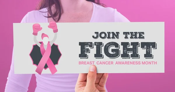 ピンクリボンと乳がんの認知スローガンを持つ女性の構成 乳がん啓発キャンペーンとベクトルコンセプト — ストック写真