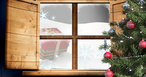 Ψηφιακή Εικόνα Χριστουγεννιάτικου Δέντρου Από Παράθυρο Στο Σπίτι Χριστουγεννιάτικη Γιορτή — Φωτογραφία Αρχείου