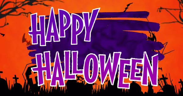 Imagem Texto Feliz Halloween Sobre Cemitério Halloween Outono Celebração Tradição — Fotografia de Stock
