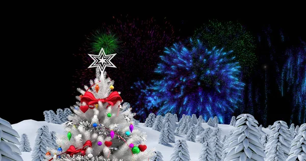 Bild Eines Geschmückten Weißen Weihnachtsbaums Mit Feuerwerk Das Nachthimmel Explodiert — Stockfoto